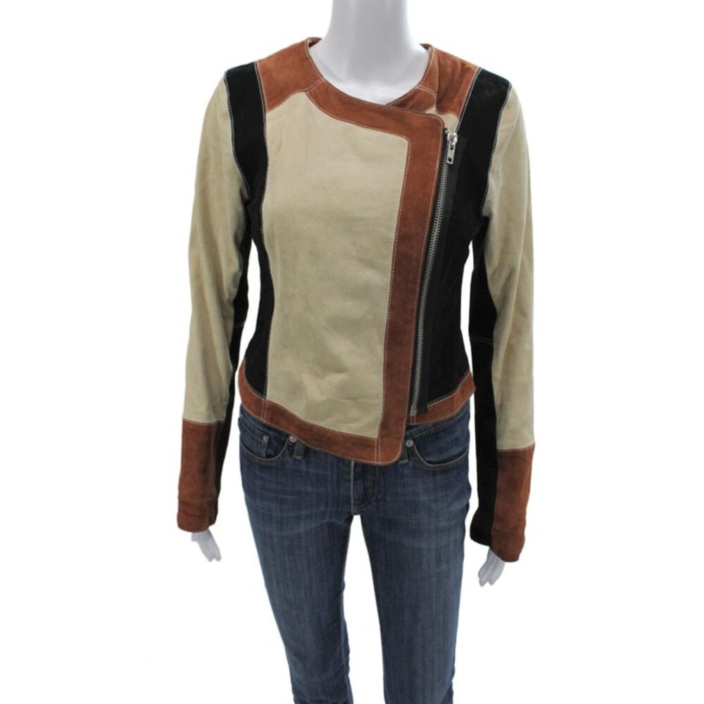 Chaser Women Biker Suede Jacket Beige Zip Long Sleeve Size S